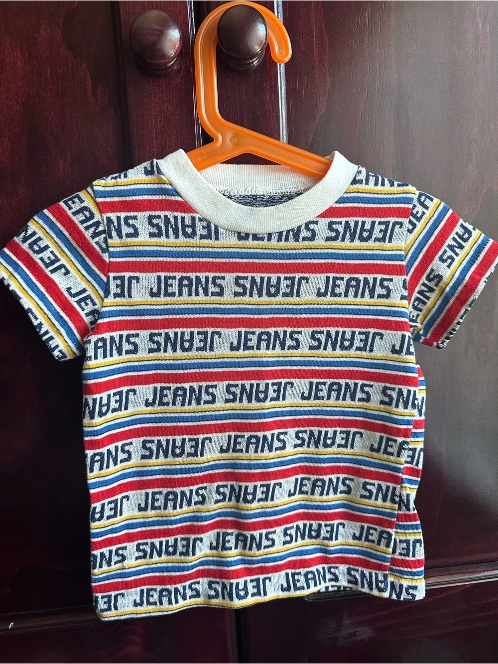 Vintage Striped 'JEANS' Logo Tee - Red, Blue, Yellow & White